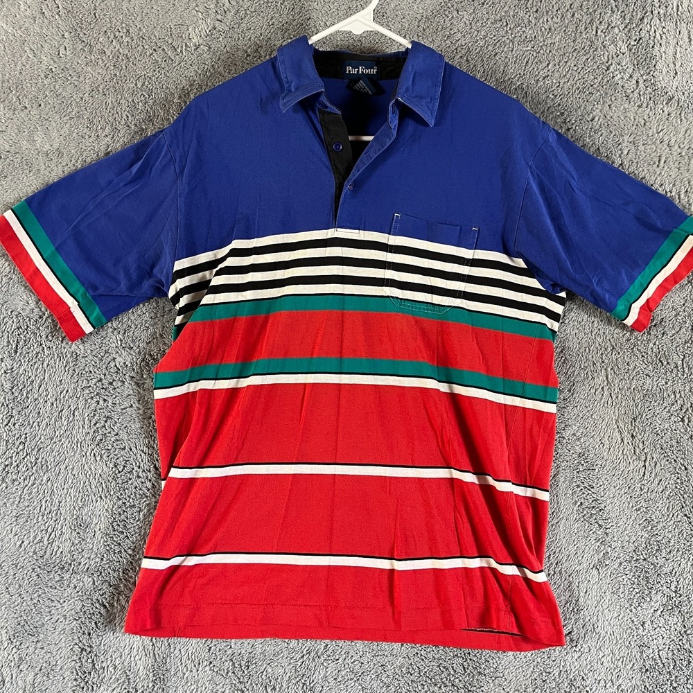Vintage Par Four Polo Shirt Mens Medium Blue Red Striped Short Sleeve Popover